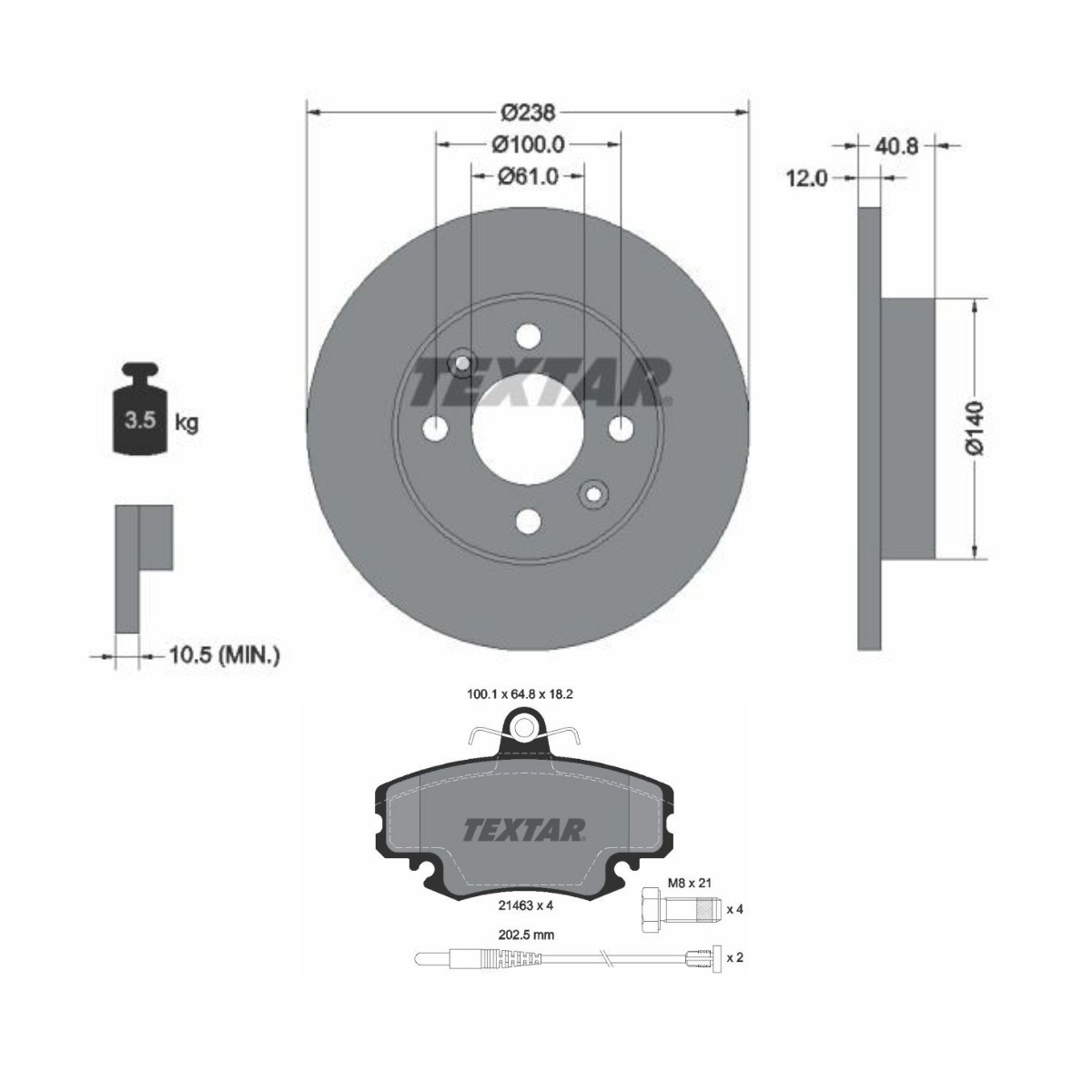 TEXTAR TXR3405N0012: Pidurikomplekt, ketaspidur Ø: 238mm, täis PRO