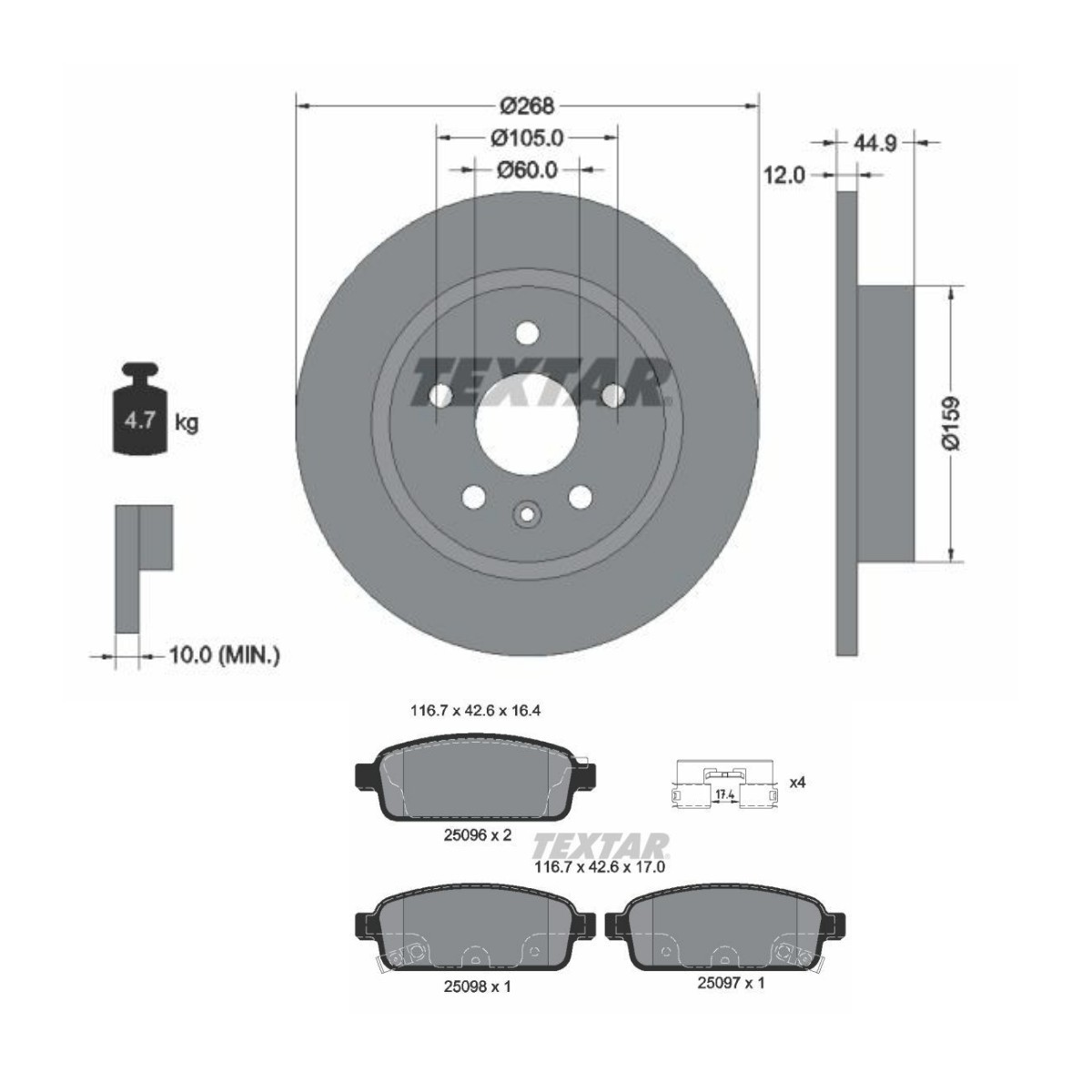 TEXTAR TXR3405N0021: Bremžu komplekts, Disku bremzes Ø: 268mm, pilnīgi PRO