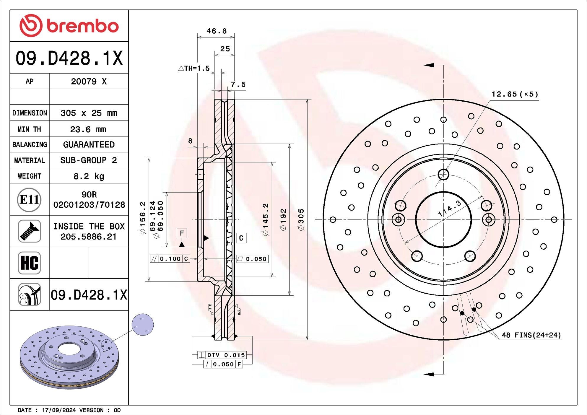 BREMBO 09.D428.1X: Piduriketas XTRA LINE - Xtra Ø: 305mm, augustatud/sise, Ø: 305mm, kaetud, koos kruvidega