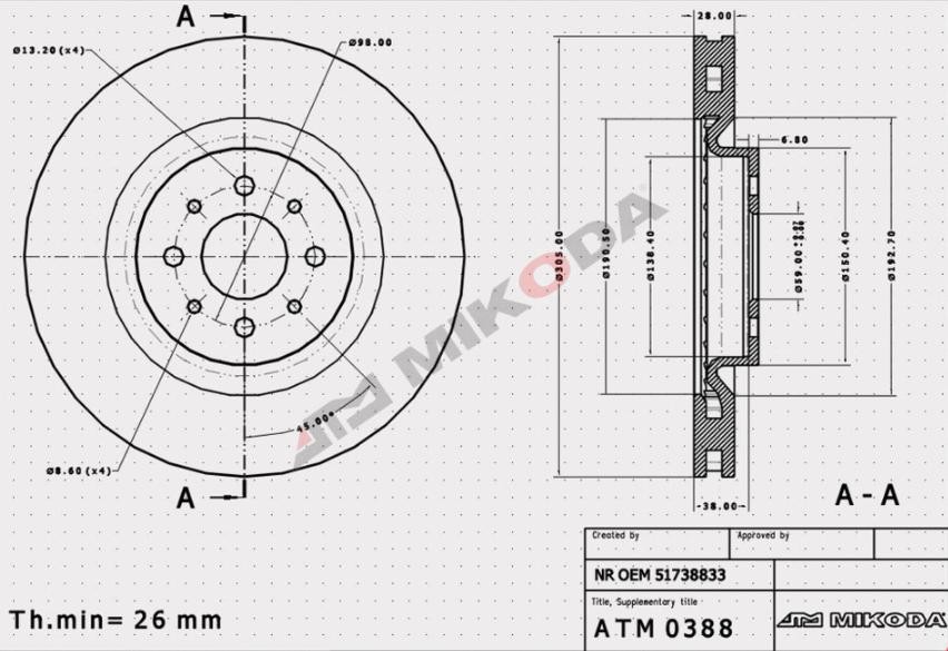 MIKODA 0388: Piduriketas Ø: 305,0mm, õhutusega, Ø: 305,0mm