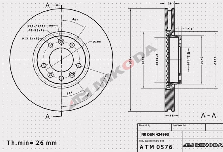 MIKODA 0576: Piduriketas Ø: 304mm, sisemine õhutus, Ø: 304mm