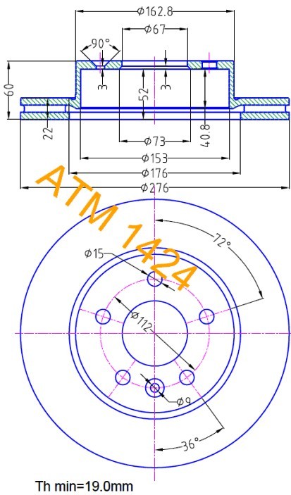 MIKODA 1424: Piduriketas Ø: 276mm, sisemine õhutus, Ø: 276mm