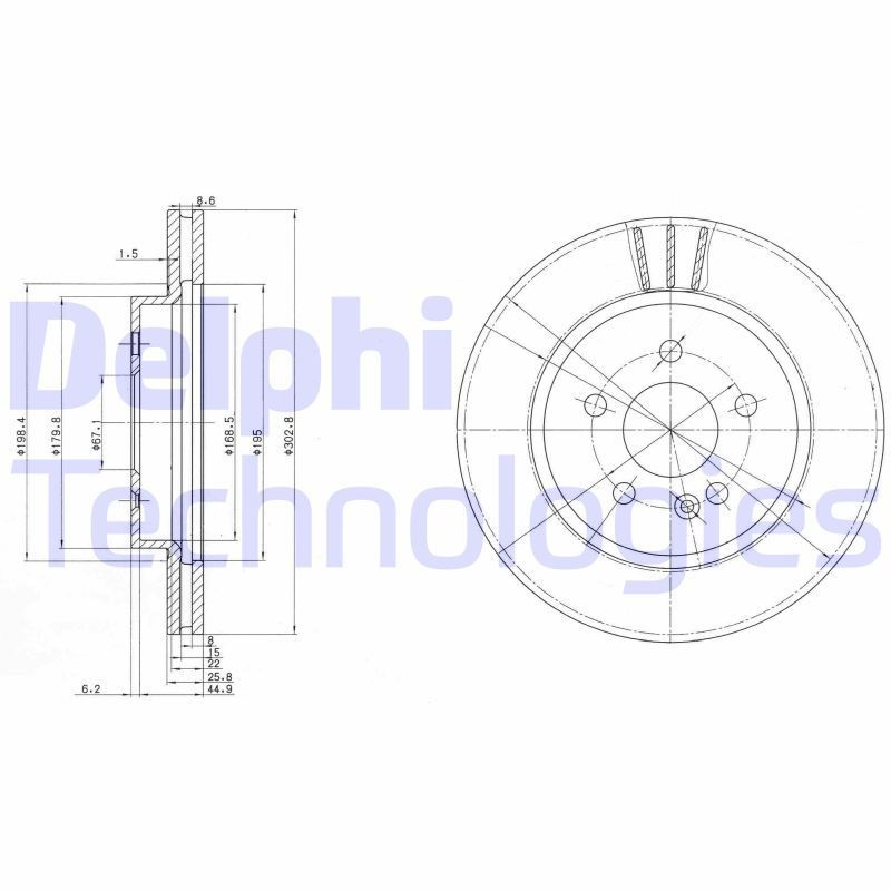 DELPHI BG3397: Piduriketas Ø: 303mm, õhutusega, Ø: 303mm, õlitatud