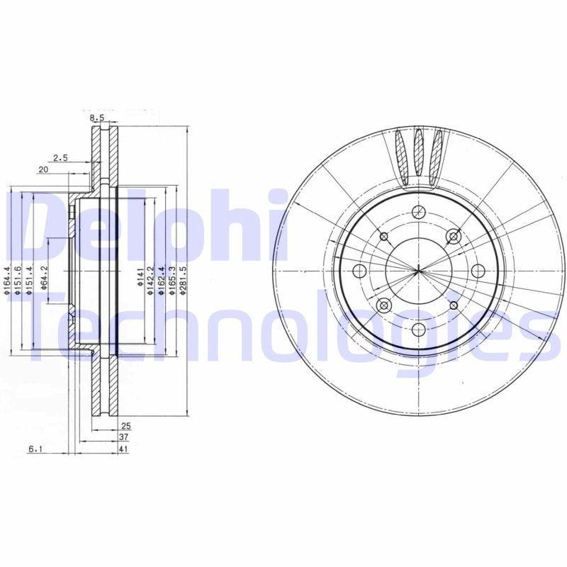 DELPHI BG3516: Piduriketas Ø: 282mm, õhutusega, Ø: 282mm, õlitatud