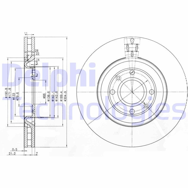 DELPHI BG3529: Piduriketas Ø: 305mm, õhutusega, Ø: 305mm, õlitatud