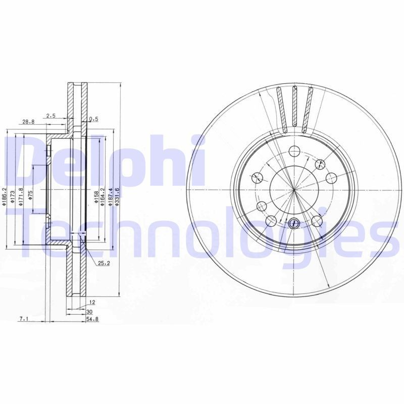 DELPHI BG3628: Спирачен диск Ø: 332mm, вентилиран, Ø: 332mm, омаслен
