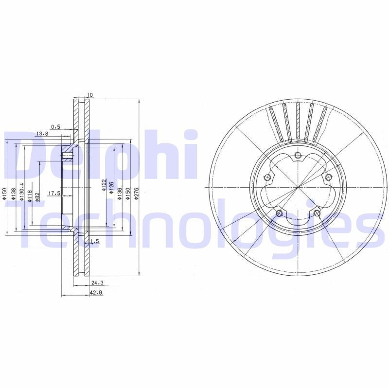 DELPHI BG3676: Piduriketas Ø: 276mm, õhutusega, Ø: 276mm, õlitatud