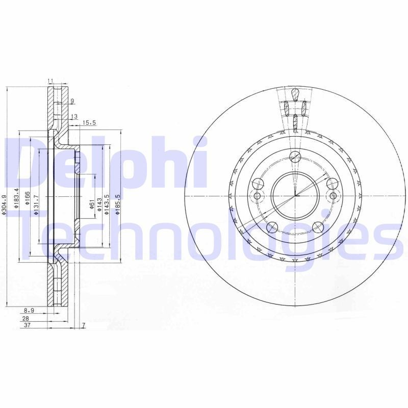DELPHI BG3685: Piduriketas Ø: 305mm, õhutusega, Ø: 305mm, õlitatud
