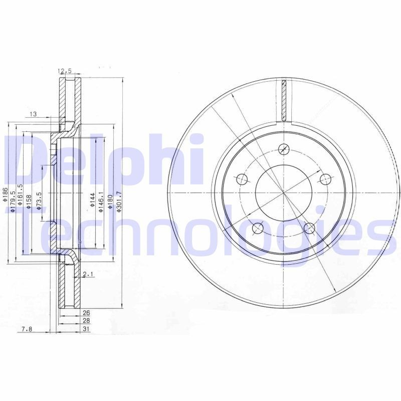 DELPHI BG3716: Piduriketas Ø: 301mm, õhutusega, Ø: 301mm, õlitatud