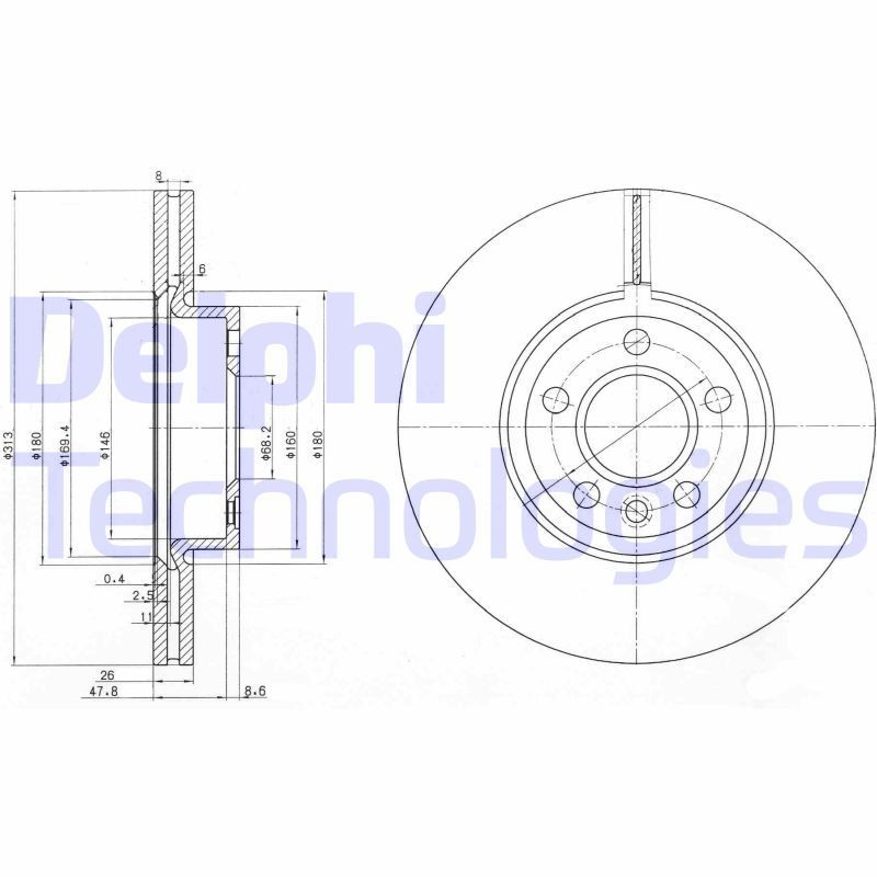 DELPHI BG3719: Piduriketas Ø: 313mm, õhutusega, Ø: 313mm, õlitatud