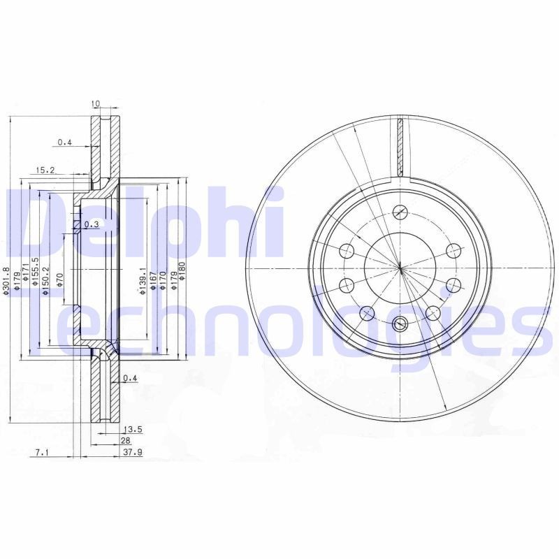 DELPHI BG3772: Piduriketas Ø: 302mm, õhutusega, Ø: 302mm, õlitatud