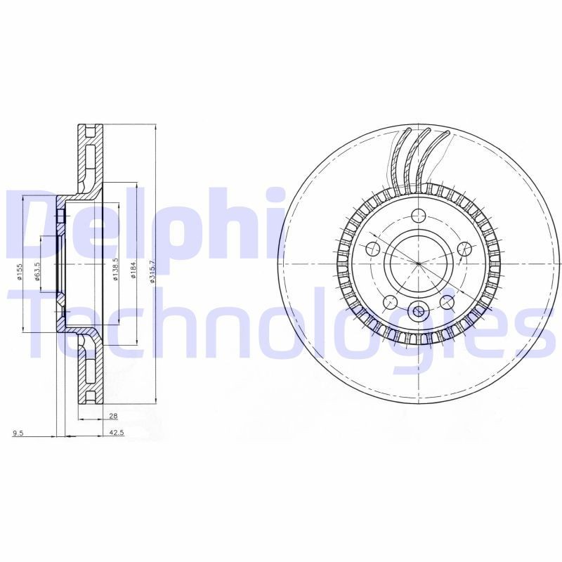 DELPHI BG3784: Piduriketas Ø: 316mm, õhutusega, Ø: 316mm, õlitatud