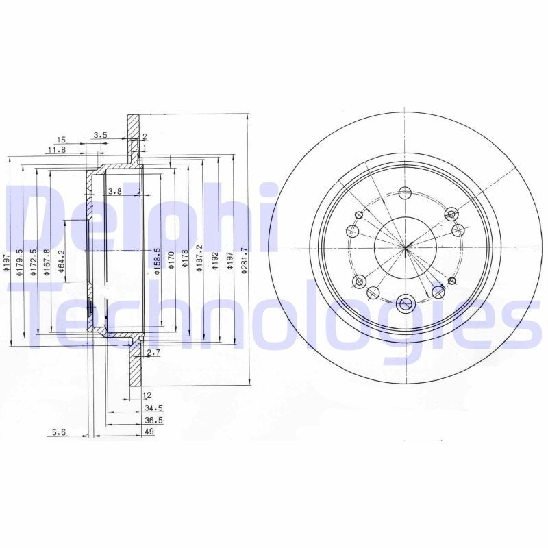 DELPHI BG3797: Stabdžių diskas Ø: 282mm, visiškai, Ø: 282mm, padengta alyva