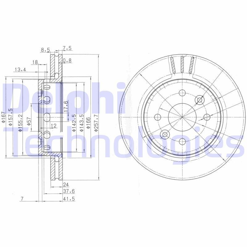 DELPHI BG3803: Piduriketas Ø: 258mm, õhutusega, Ø: 258mm, õlitatud
