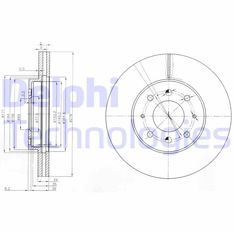 DELPHI BG3810: Piduriketas Ø: 276mm, õhutusega, Ø: 276mm, õlitatud