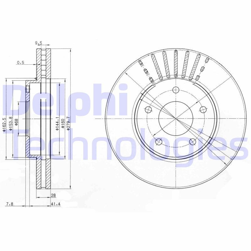 DELPHI BG3816: Piduriketas Ø: 280mm, õhutusega, Ø: 280mm, õlitatud