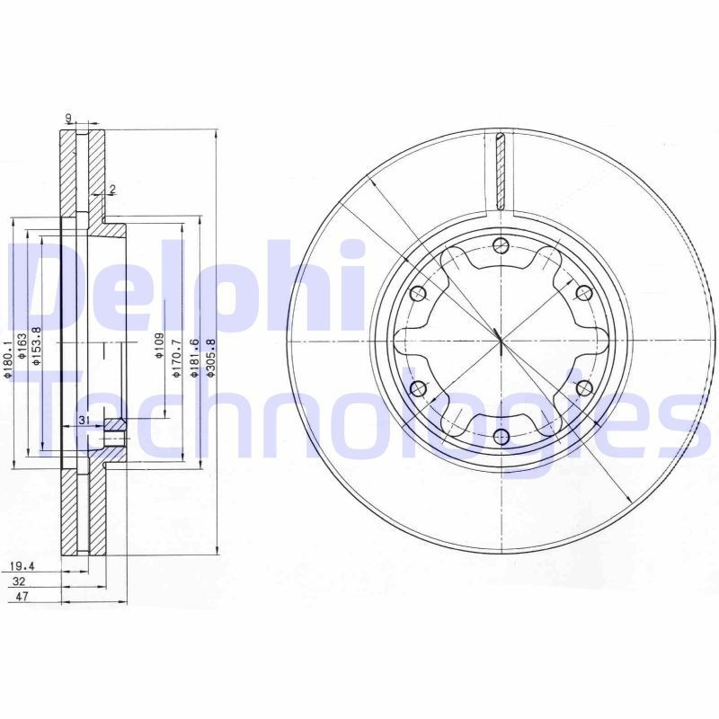 DELPHI BG3817: Piduriketas Ø: 306mm, õhutusega, Ø: 306mm, õlitatud