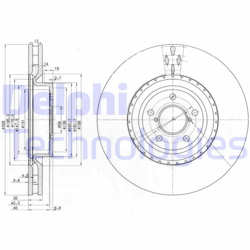 DELPHI BG3818: Bremseskive Ø: 326mm, ventileret, Ø: 326mm, olieret