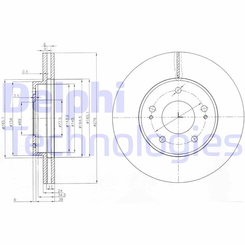 DELPHI BG3848: Piduriketas Ø: 276mm, õhutusega, Ø: 276mm, õlitatud
