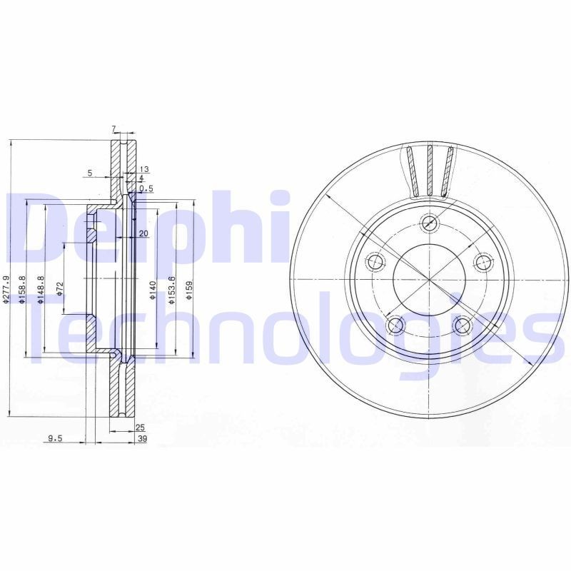 DELPHI BG3927: Piduriketas Ø: 278mm, õhutusega, Ø: 278mm, õlitatud