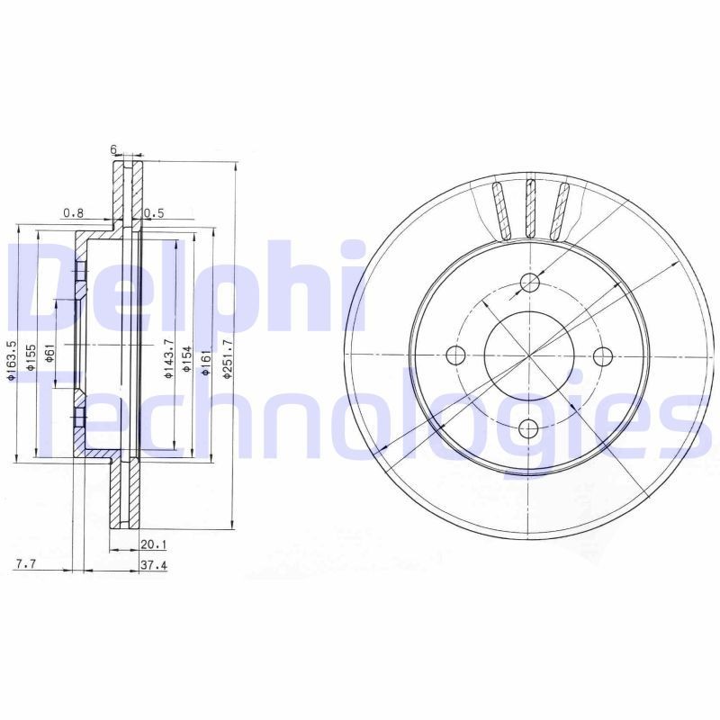 DELPHI BG3932: Piduriketas Ø: 252mm, õhutusega, Ø: 252mm, õlitatud