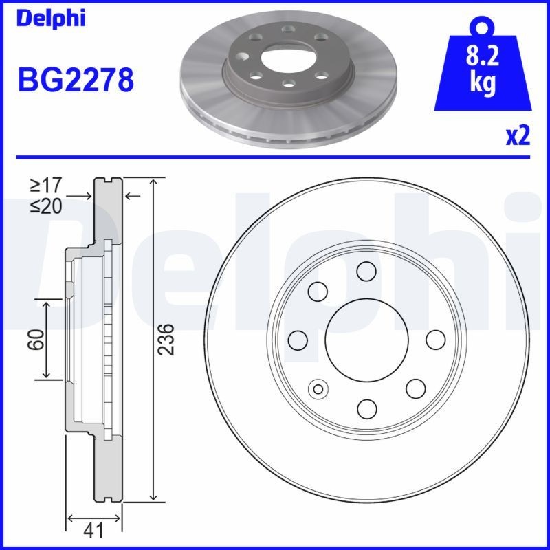 DELPHI BG2278: Piduriketas Ø: 236mm, õhutusega, Ø: 236mm, õlitatud