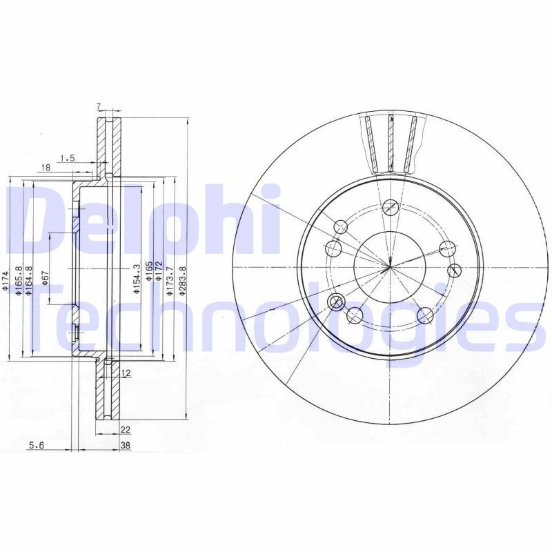 DELPHI BG2345: Piduriketas Ø: 284mm, õhutusega, Ø: 284mm, õlitatud