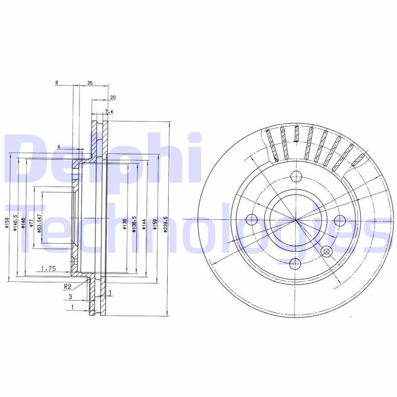 DELPHI BG2440: Bremseskive Ø: 240mm, ventileret, Ø: 240mm, olieret