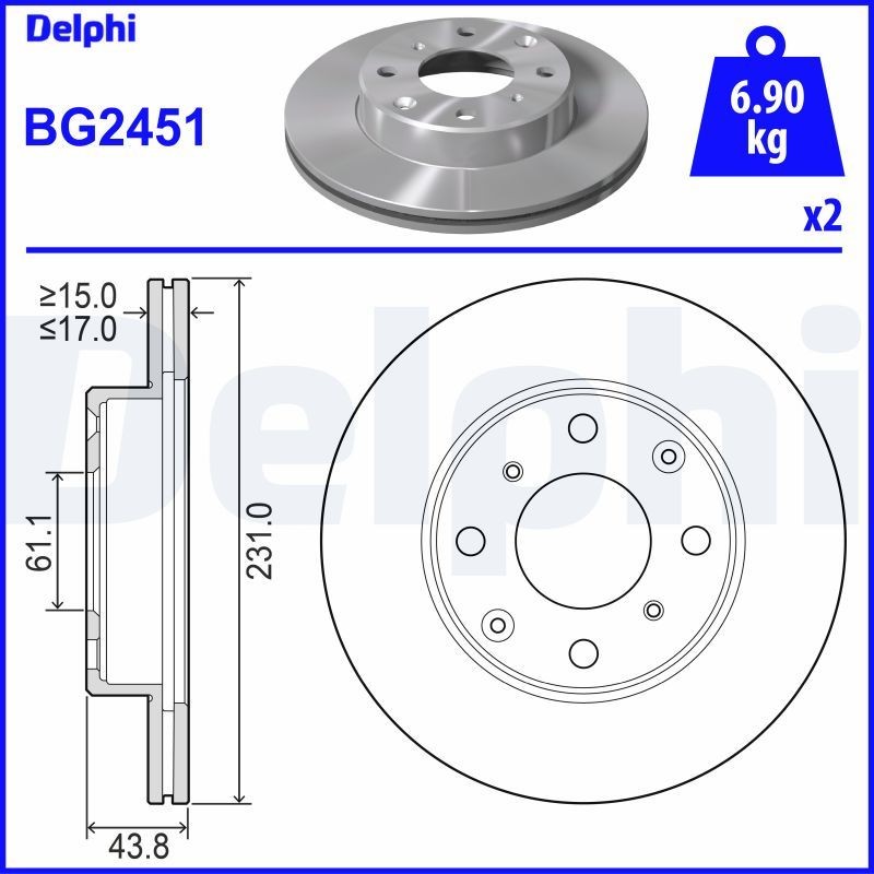 DELPHI BG2451: Piduriketas Ø: 231mm, õhutusega, Ø: 231mm, õlitatud