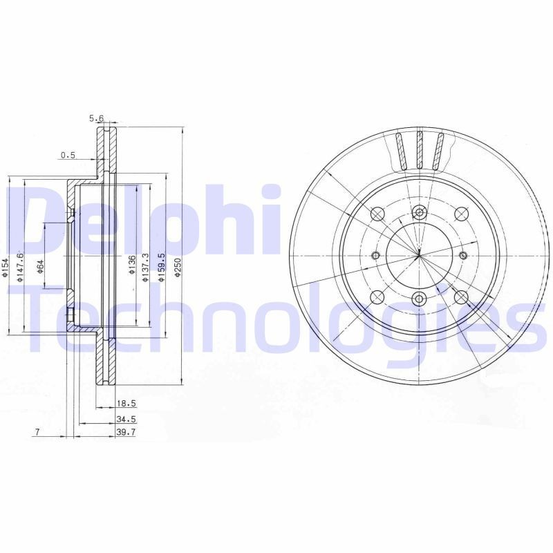 DELPHI BG2583: Disc de frână Ř: 250mm, ventilat, Ř: 250mm, uns