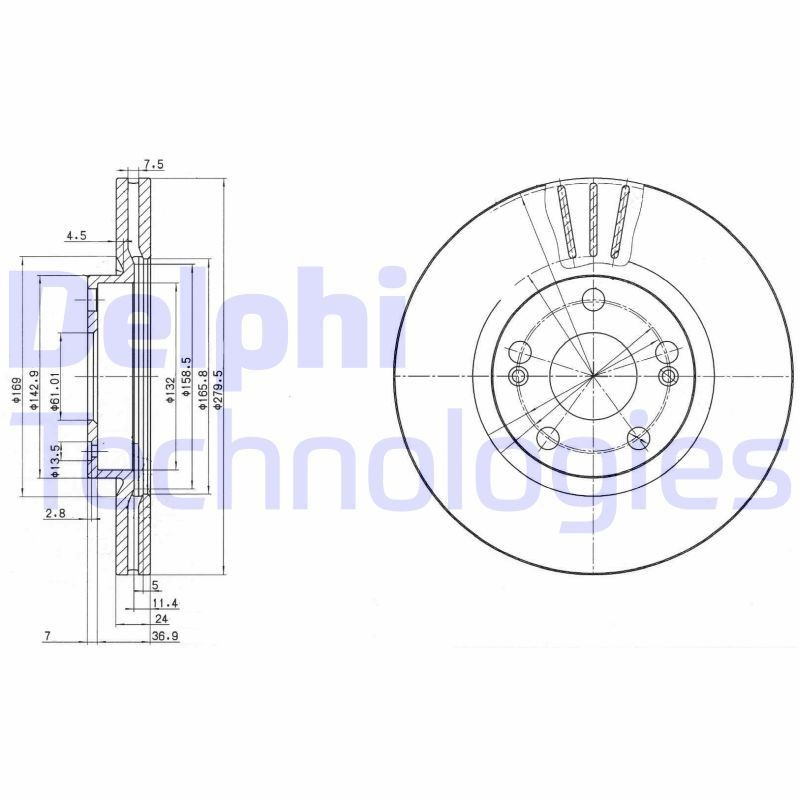 DELPHI BG2697: Piduriketas Ø: 280mm, õhutusega, Ø: 280mm, õlitatud