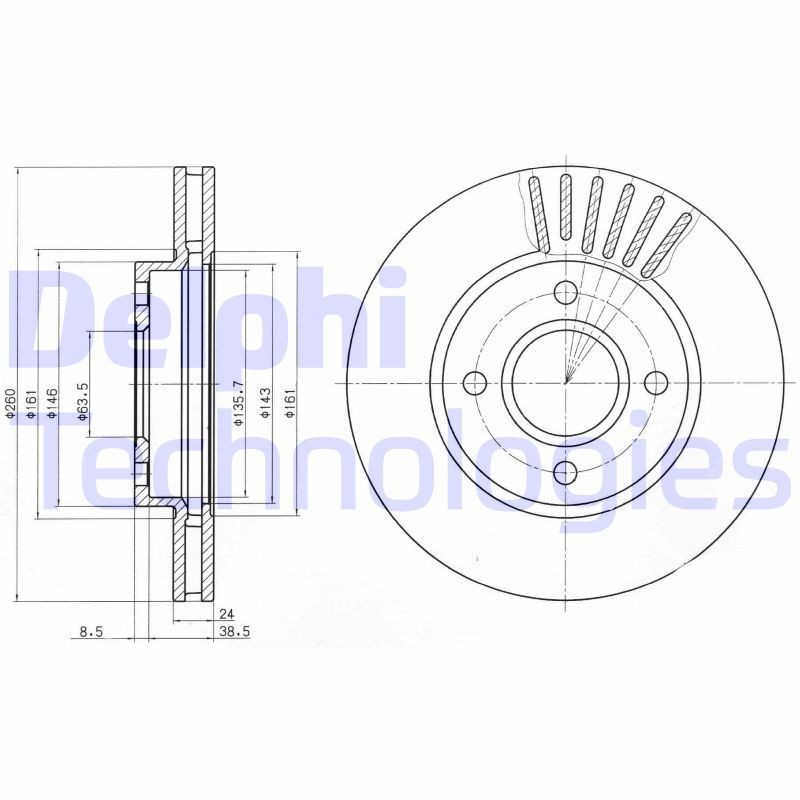 DELPHI BG2699: Piduriketas Ø: 260mm, õhutusega, Ø: 260mm, õlitatud