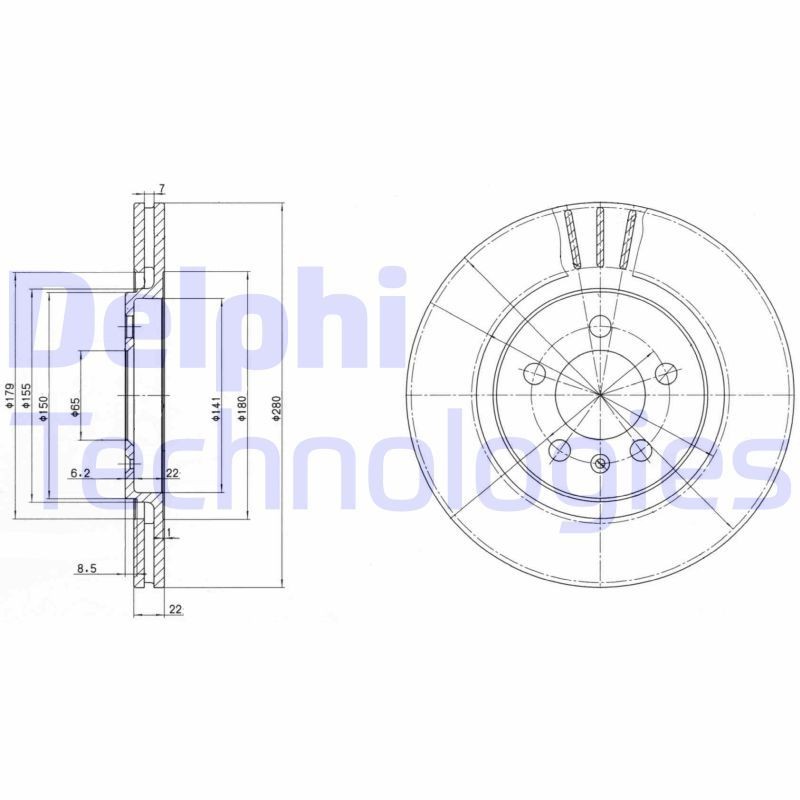 DELPHI BG2713: Piduriketas Ø: 280mm, õhutusega, Ø: 280mm, õlitatud