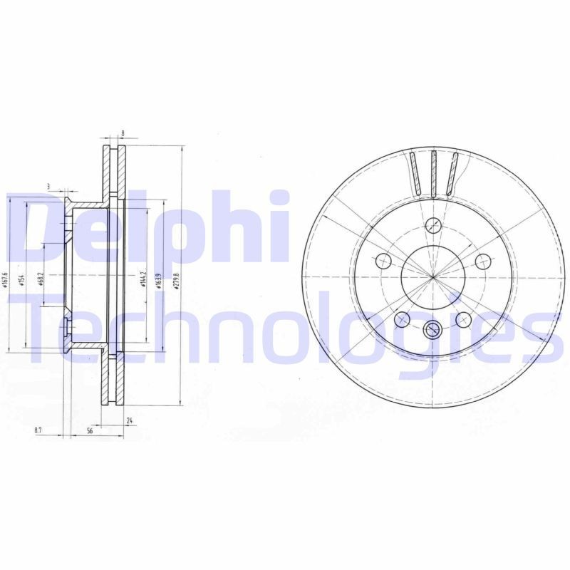 DELPHI BG2717: Piduriketas Ø: 280mm, õhutusega, Ø: 280mm, õlitatud