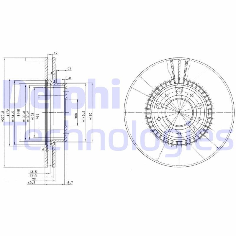 DELPHI BG2719: Piduriketas Ø: 280mm, õhutusega, Ø: 280mm, õlitatud