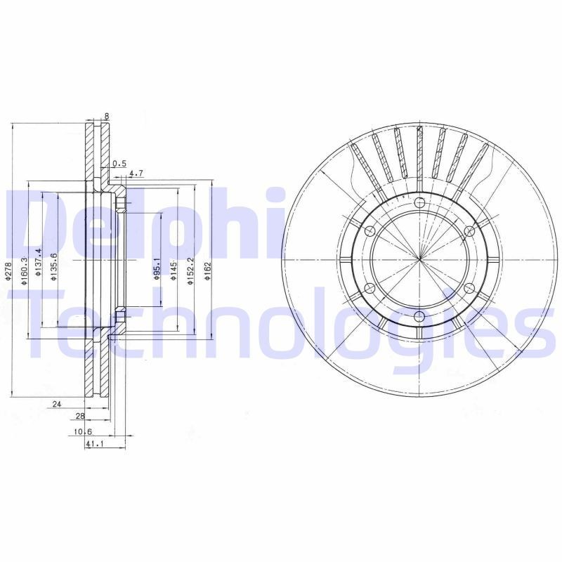 DELPHI BG2751: Piduriketas Ø: 278mm, õhutusega, Ø: 278mm, õlitatud