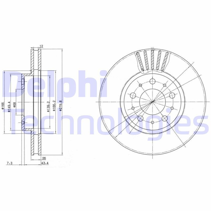 DELPHI BG2841: Piduriketas Ø: 280mm, õhutusega, Ø: 280mm, õlitatud