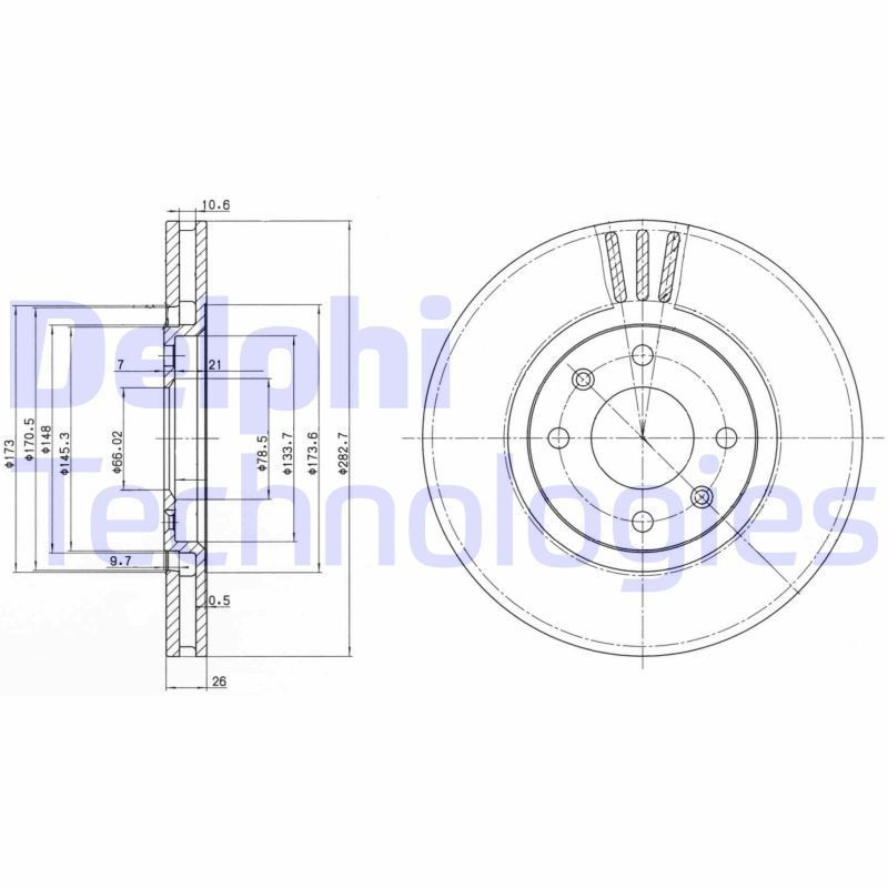 DELPHI BG2872: Piduriketas Ø: 283mm, õhutusega, Ø: 283mm, õlitatud