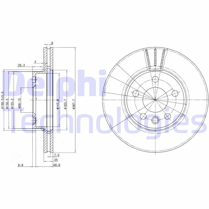 DELPHI BG3025: Piduriketas Ø: 288mm, õhutusega, Ø: 288mm, õlitatud