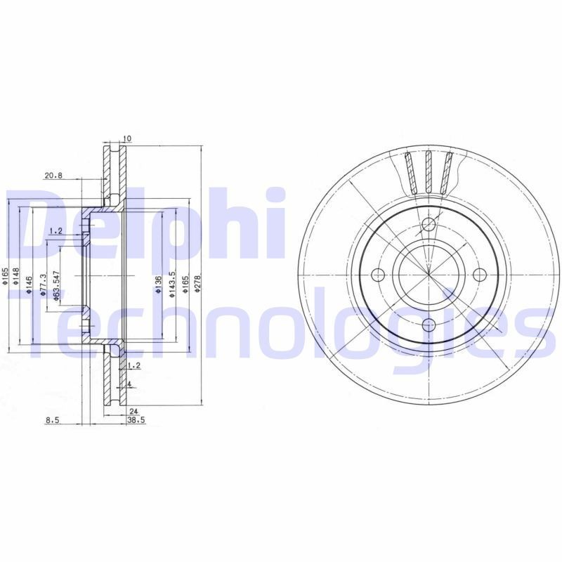 DELPHI BG3056: Piduriketas Ø: 278mm, õhutusega, Ø: 278mm, õlitatud