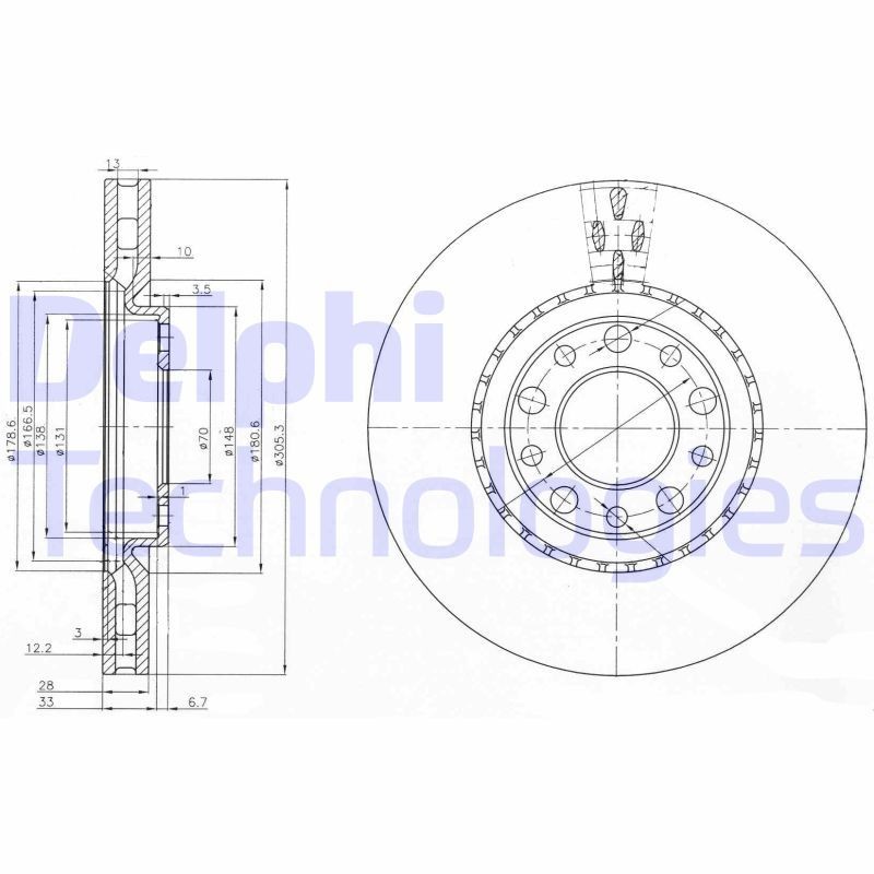 DELPHI BG3951: Piduriketas Ø: 305mm, õhutusega, Ø: 305mm, õlitatud