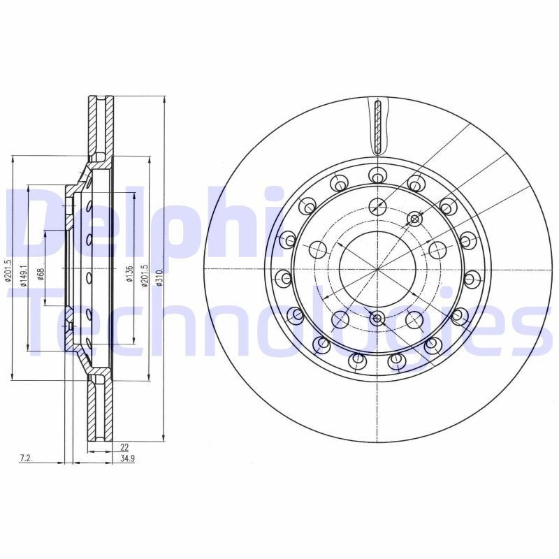 DELPHI BG3958: Piduriketas Ø: 310mm, õhutusega, Ø: 310mm, õlitatud