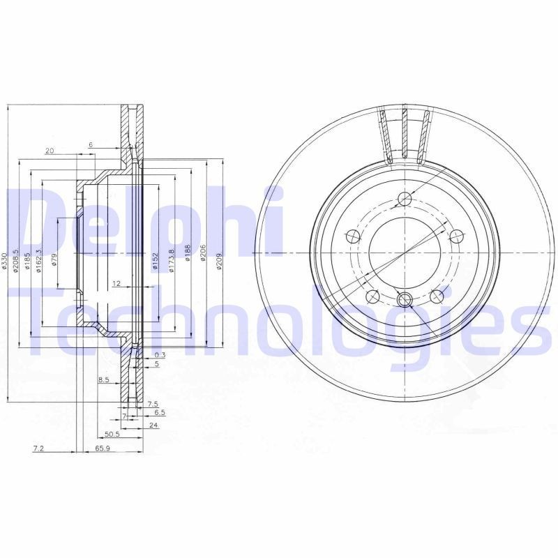 DELPHI BG3959: Piduriketas Ø: 330mm, õhutusega, Ø: 330mm, õlitatud
