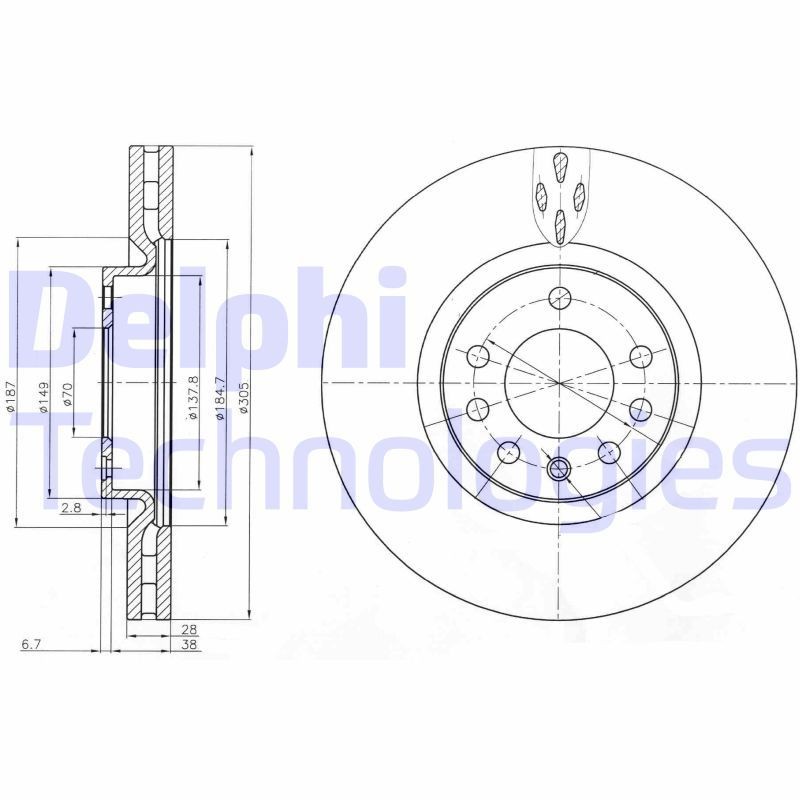 DELPHI BG3963: Piduriketas Ø: 305mm, õhutusega, Ø: 305mm, õlitatud