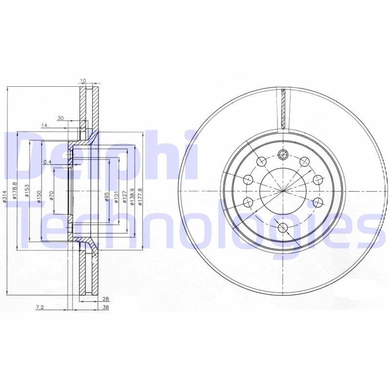 DELPHI BG3973: Piduriketas Ø: 314mm, õhutusega, Ø: 314mm, õlitatud