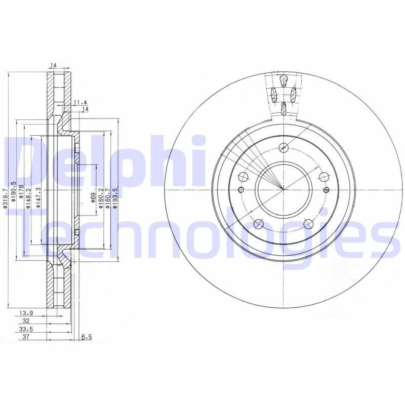 DELPHI BG3988: Piduriketas Ø: 320mm, õhutusega, Ø: 320mm, õlitatud