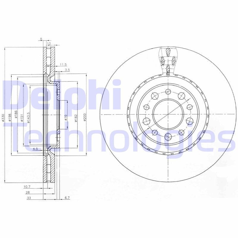 DELPHI BG3993: Piduriketas Ø: 330mm, õhutusega, Ø: 330mm, õlitatud