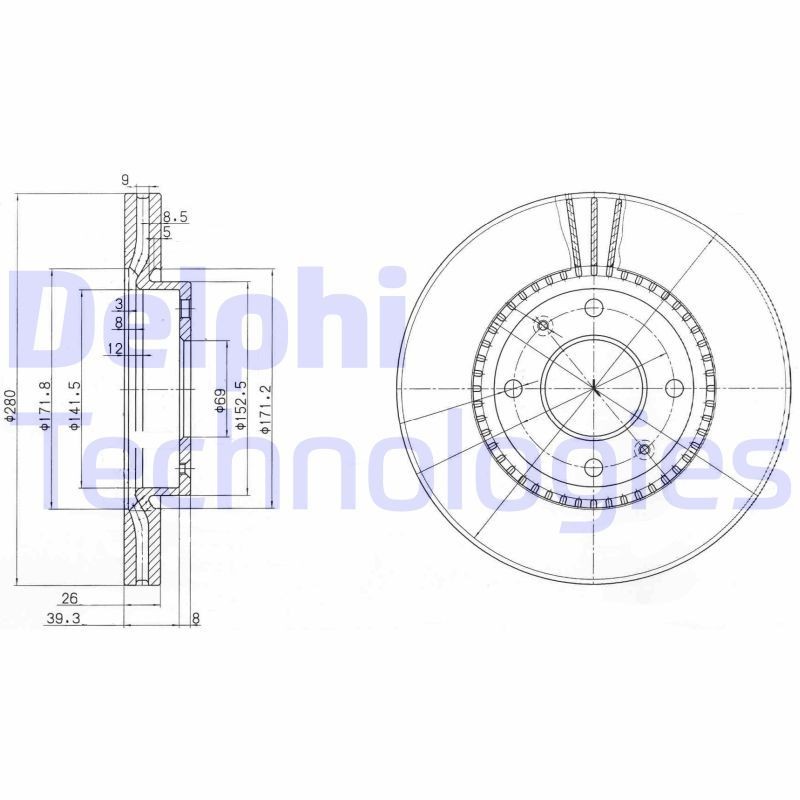 DELPHI BG4013: Piduriketas Ø: 280mm, õhutusega, Ø: 280mm, õlitatud