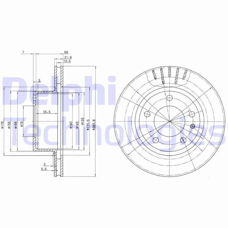 DELPHI BG2212: Piduriketas Ø: 284mm, õhutusega, Ø: 284mm, õlitatud