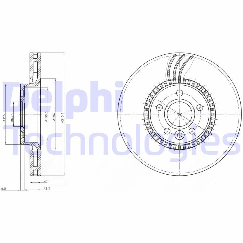 DELPHI BG4123: Piduriketas Ø: 316mm, õhutusega, Ø: 316mm, õlitatud